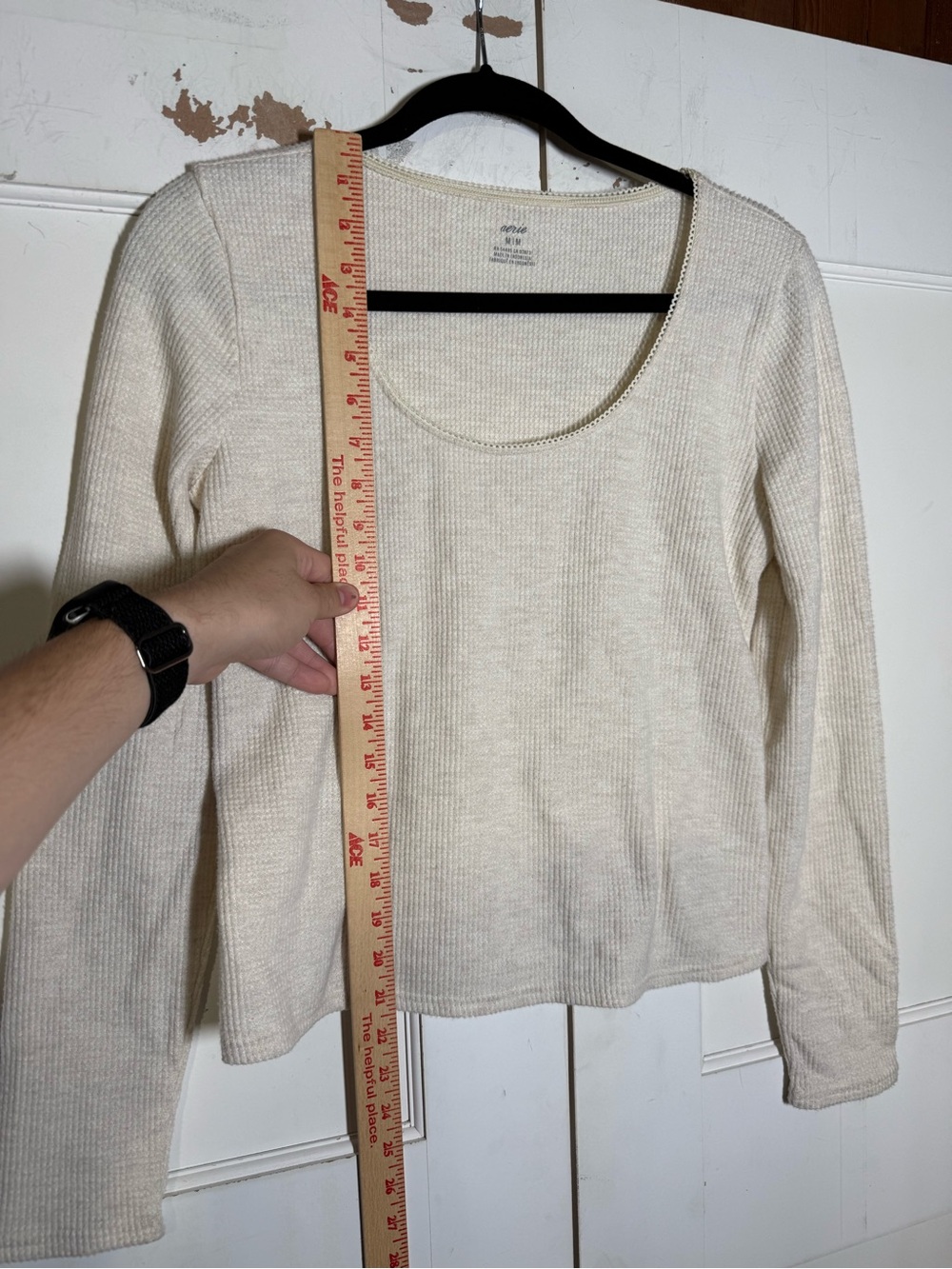 Aerie Waffle Knit Long Sleeve Tee Thermal Sz Medium Cream Lace Picot Scoop Neck - Picture 3 of 7